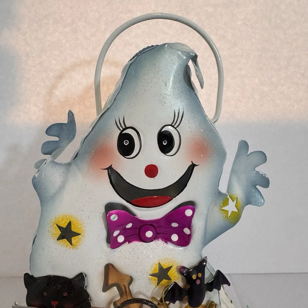 Vintage Halloween Metal Candle Tin‎ Ghost Pumpkin and Cat Home Accent Tea Light - Picture 2 of 9